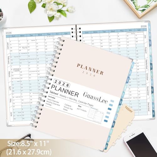 GuassLee Large 2026 Planner, Weekly and Monthly Planner from January 2026-December 2026, 8.5"x 11" Calendar Agenda Book with Back Pocket, Stickers for Home Office School Supplies, A4 Size, Khaki - color: Khaki