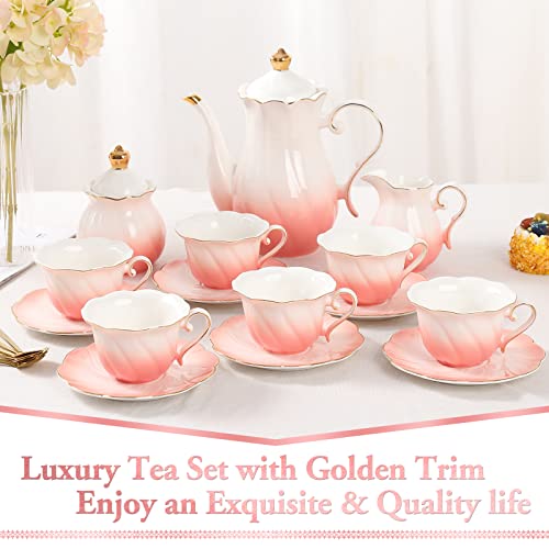 DUJUST 22 pcs Porcelain Tea Set for 6, Luxury British Style Tea/Coffee Cup Set with Golden Trim, Beautiful Tea Set for Women, Tea Party Set, Gift Package (With a Stand) - Gradient Pink - color: Gradient Pink