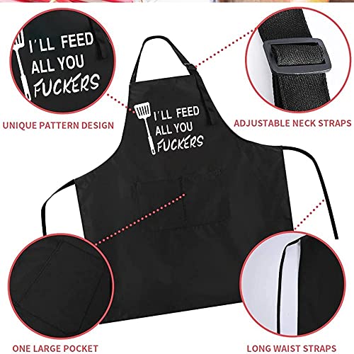 Rosoz Funny Black Chef Aprons for Men BBQ Grill Kitchen Cooking Aprons - color: I'll Feed All You