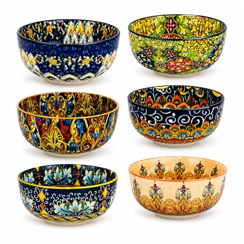 Cereal Bowls Set of 6, Bohemian Ceramic Soup Bowls, 28 oz Colorful Bowls Set for Kitchen, Dishwasher & Microwave Safe for Salad, Pasta, Rice, Oatmeal, Fruit