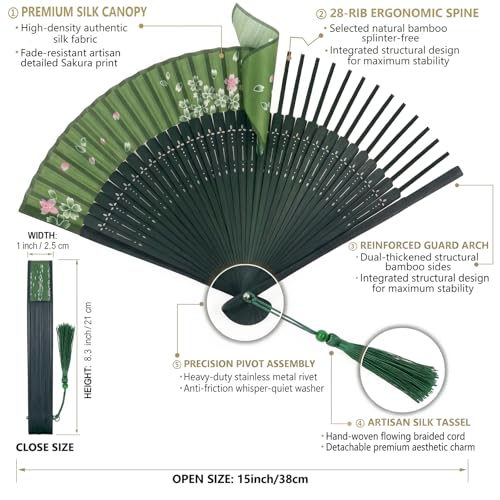 Japanese Folding Hand Fan for Women - Bamboo Silk Handheld Foldable Fan with Tassel & Pouch for Hot Flashes, Rave, Church, Gift,Wedding - Whisper-Quiet, Purse Size (Sakura-Green) - color: Sakura-green