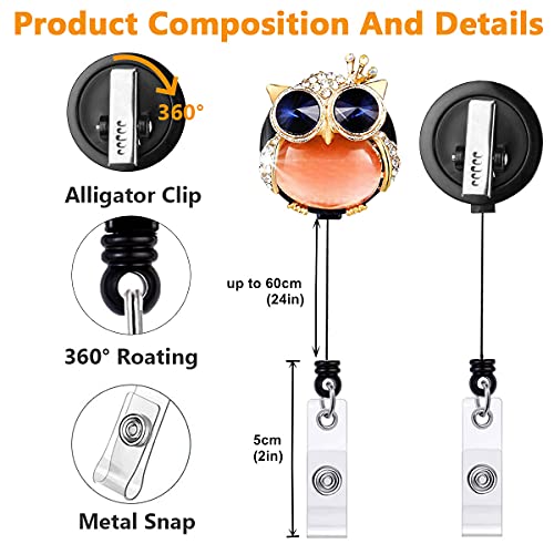 5 Pack Retractable Crystal Badge Reels with Cute Animal Design - color: 5 Pieces-owl,turtle,elephant