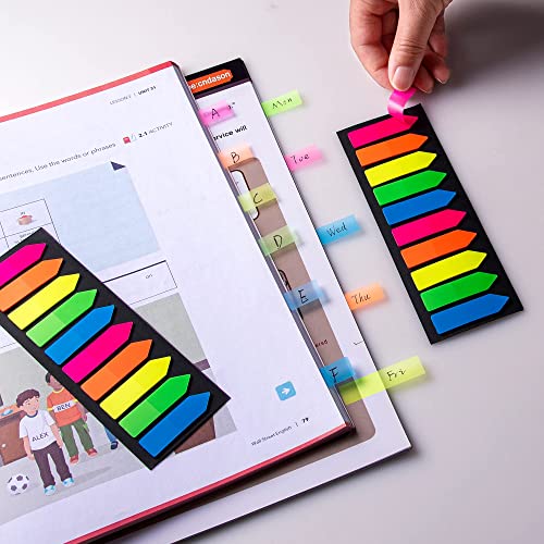 Golcellia Fluorescent Translucent Sticky Note Flags, 1200 Pcs Total, Pack of 10 Color Tabs, Arrow Index Tabs, Page Flag Markers - color: Arrow