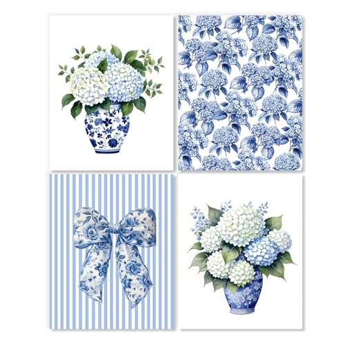 LUKIPOM Blue Chinoiserie Hydrangea Wall Art Poster,Blue and White Coquette Grandmillennial Floral Canvas Wall Decor Gifts for Women Teen Girls Home Bedroom Living Room， 8x12inin Set of 4 Unframed - color: Color 014