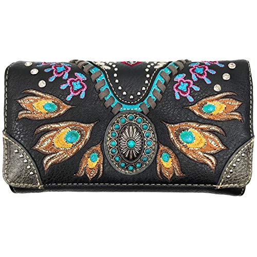 Zelris Turquoise Concho Peacock Feather Women Crossbody Wrist Trifold Wallet - color: Black