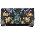 Zelris Turquoise Concho Peacock Feather Women Crossbody Wrist Trifold Wallet - color: Black