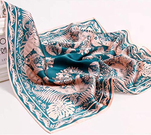 ANDANTINO 100% Mulberry Silk Scarf -Women 35" Square Hair Wraps-Gift Packed - color: Blue & Pink Leaves