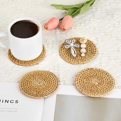 Drink Coasters Set of 6-Handwoven Rattan Coaster with Holder,Natural Rattan - style: Natural Rattan