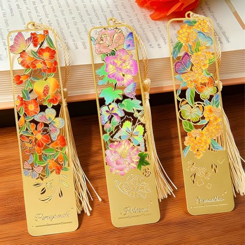 Kinsound Flower Book Mark with Tassel for Reading Women, Pretty Cute Hollow Butterfly Book Markers for Women, Men, Kids, Teachers, Students, Reading Accessories Gifts for Book Lovers（3PCS-Styple A） - style: Flower A