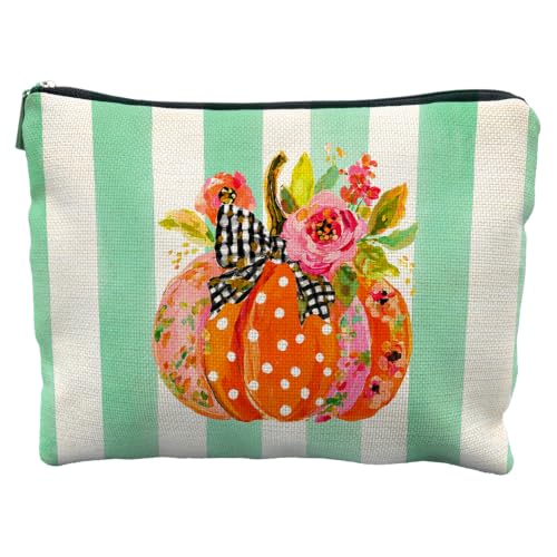 Preppy Fall Pumpkin Linen Makeup Bag Gifts for Women - color: fall pumpkin