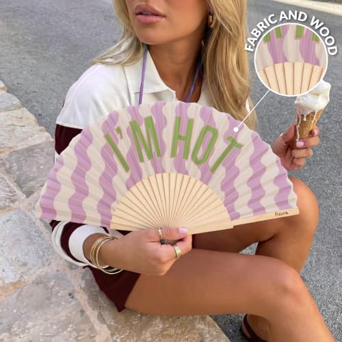 Fisura – Original Folding Fan with “I’m H*t” Message. Colorful Handheld Fan in Lilac with Wave Design and Strap Included. Fun Gift idea for Summer Travel Days or Outdoor Events. 16.7 x 9 in - color: I'm H*t, Purple Waves