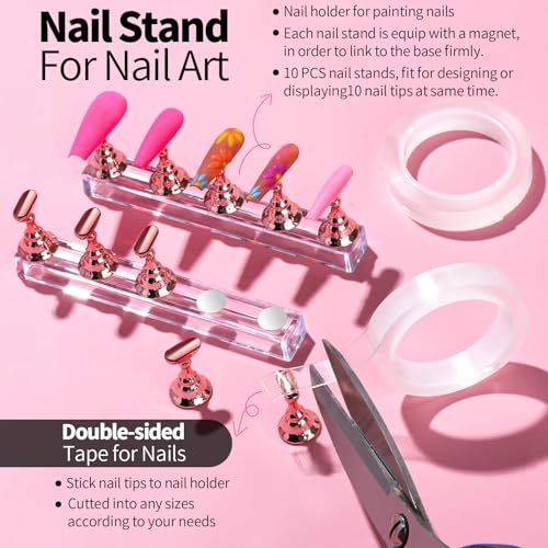 FANDAMEI Nail Design Tools, Nail Art Tools, Nail Brush, Nail Art Kit With Nail Stand, Nail Holder For Painting Nails, Nail Art Brushes, Nail Dotting Tool, Nail Art Palette, Nail Tools For Nail Art - color: Pink