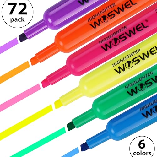 WOSWEL Highlighters Bulk, 72 Pack Tank Style Highlighters Assorted Fluorescent Colors Set, 6 Bright Colors Chisel Tip Highlighter Markers for Kid and Adult Coloring, Highlighting as School Supplies