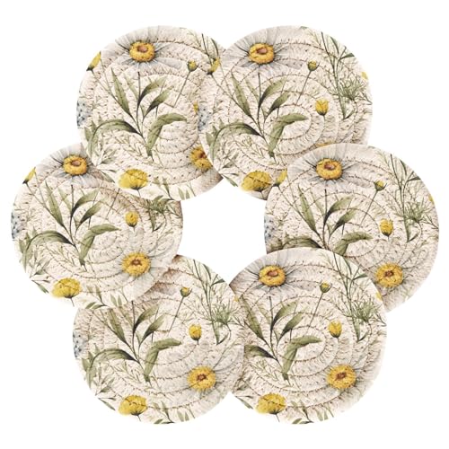 Wildflower Daisy Drink Coasters Set - 6 Pcs Minimalist Woven Coasters with Holder for Home Decor, 3.94 Inch Absorbent Coasters for Drinks - color: A02