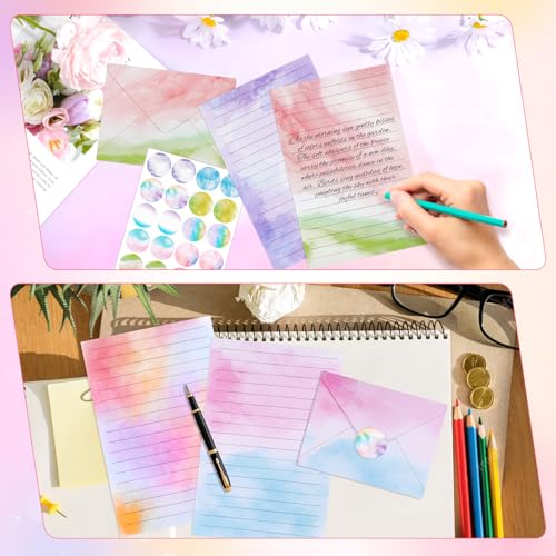 Konsait Watercolor Letter Stationary and Envelopes Set, 30 PCS Writing Stationary Paper with 15 PCS Envelopes and 1 Sheet Sticker, Colorful Letter Writing Set for Party Invitations (A)