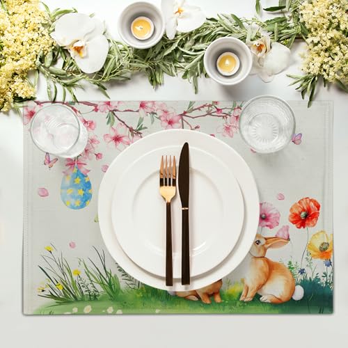Giwawa Easter Placemats Set of 4 Spring Bunny Rabbits Flowers Place Mat 12x18 Inch Colorful Eggs Tree Floral Table Mats Washable Satin Resistance for Party Kitchen Dining Holiday Decor - color: Easter