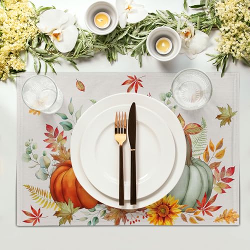 Pumpkins Maple Leaves Placemats Set of 4 Sunflowers Autumn Thanksgiving Table Mats 12 x 18 Inch Farmhouse Decoration for Party Dining Kitchen - color: Watercolor Pumpkin