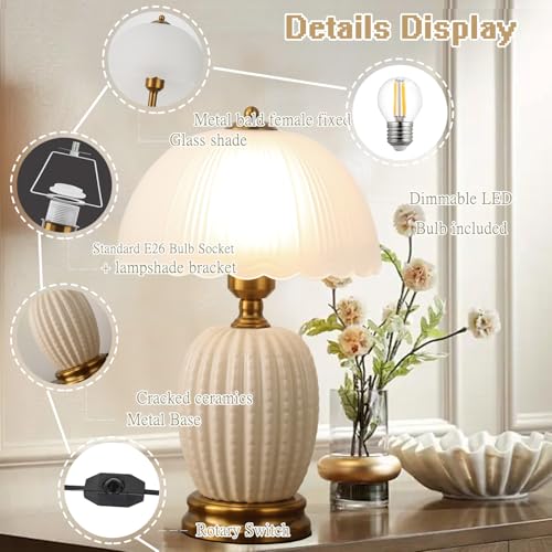 Ceramic Table Lamp Dimmable for Living Room, 16" Modern Vintage Bedside Nightstand Lamps with White Glass Shade,Classic Chinoiserie Retro Bedroom Lamp for Night Stands, Dorm,Office, Home Decor - color: White Pineapple