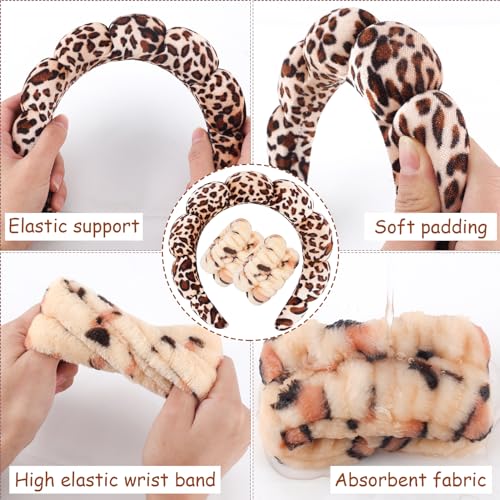 Zkptops Spa Headband for Washing Face Wristband Set Sponge Makeup Skincare Velvet Fabric Bubble Soft Get Ready Hairband for Women Girl Puffy Padded Headwear Non Slip Thick Hair Accessory(Leopard 1) - color: ZFG Gold Velvet Leopard 1
