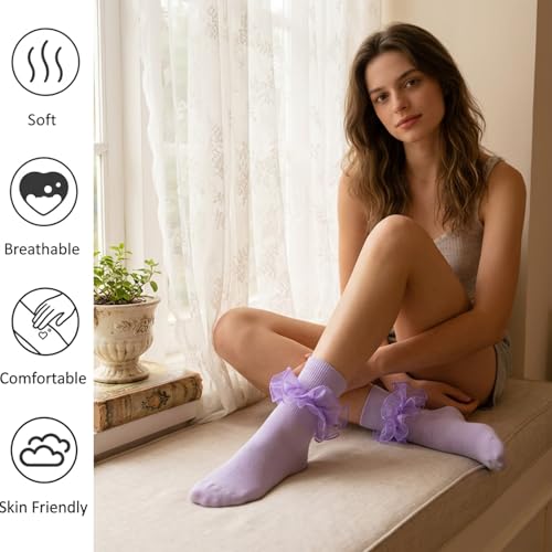 Big Ruffle Socks Women(Size 5-11) Turn Cuff Cotton Lace Frilly Socks - color: Blue,purple,pink,beige, size: 9-11
