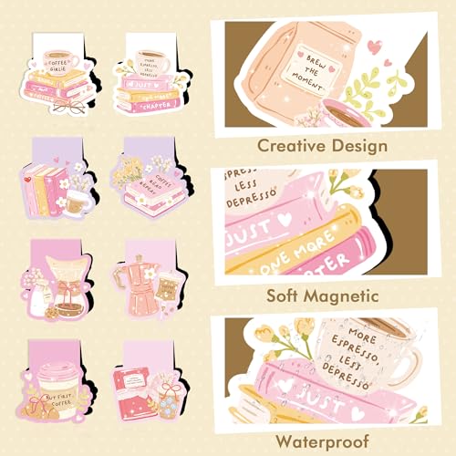 Coffee Books Magnetic Bookmarks, Cute Book Marks for Book Lovers - color: Pink, Coffee & Books