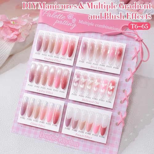 Double Rhythm Painting Gel Polish Set for Nail Art Palette Patting Gel Polish 6 Colors with 100 Pcs Sponges and Grabbing Pen (Nude Pink Purple Rose-T6-65) - color: Nude Pink Beige