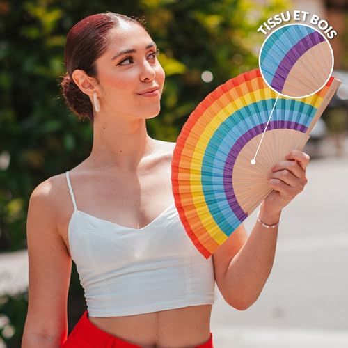 Fisura – Original Rainbow Folding Fan, Wooden Handheld Fan for Women, Colorful Pride Accessory for Party, Wedding, Birthday, Gift or Pride Day Decoration - color: Rainbow, Multicolor