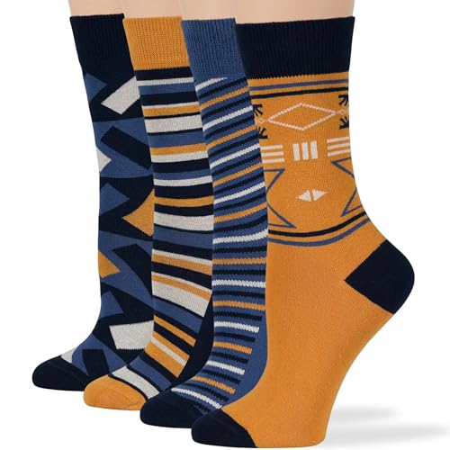 7BIGSTARS Women Cotton Crew Socks, Patterned 4 Pack, M 5-9 - L 8-12 - color: 02b - Dark Navy, Navy, Tan (A54), size: 5-9