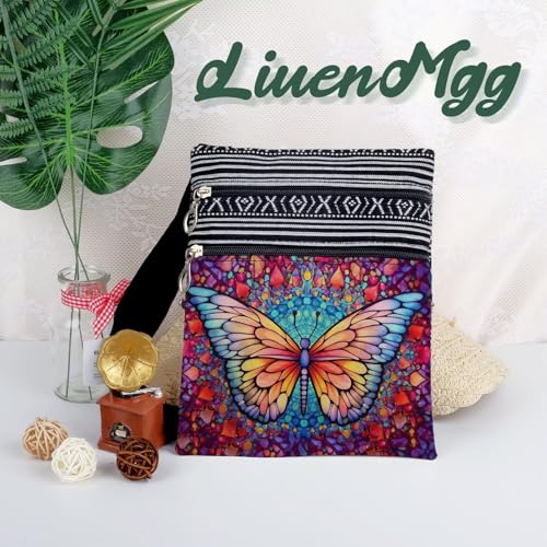 Stained Glass Pattern Crossbody Handbag with Zipper Butterfly World Tree Bee Aesthetic Present for Woman - color: Pink Butterfly