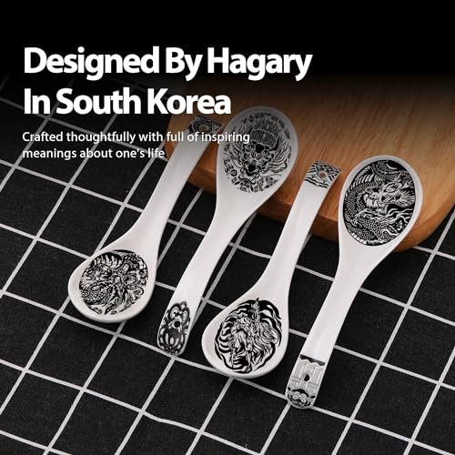 Hagary Ceramic Spoon Soup Spoons Asian Soup Spoon Chinese Korean Japanese Ramen Spoons Set of 4 with Hole 6.2 Inch (Black - Dragon Old) - color: Black - Dragon Old