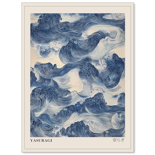 rumlud Japanese Blue Waves Wall Art Vintage Oriental Japandi Wabi Sabi Poster Abstract Giant Waves Canvas Prints for Minimalist Living Room Wall Decor 08x10 inch Unframed - color: Trendy 3-Unframed, size: 10"L x 8"W