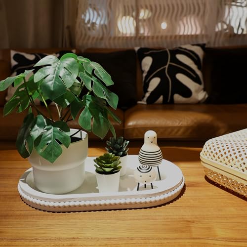 Hrastany White Oval Wood Coffee Table Serving Tray with Beads for Ottoman - color: Oval White, size: 15" x 9" x 1.2"