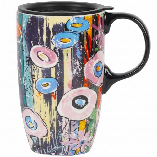 Topadorn 17oz Ceramic Travel Mug with Lid, Abstract Art Coffee Mug - color: Abstract Garden