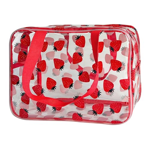 Flower Makeup Bag - Clear Printable Vinyl Cosmetic Pouch, Waterproof Small Clear Gift Bags for Travel & Organizer (Strawberry) - color: Strawberry