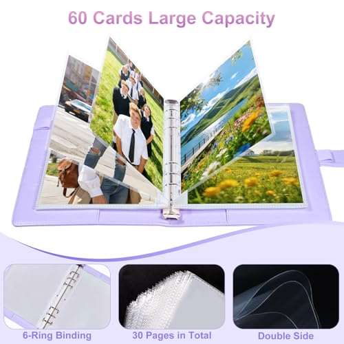 PU Leather A5 Binder, 5x7 Photo Sleeves with 60 Pockets, Secure Top Loading Pages, Refillable Adjustable Album for Keepsakes, Purple - color: Purple