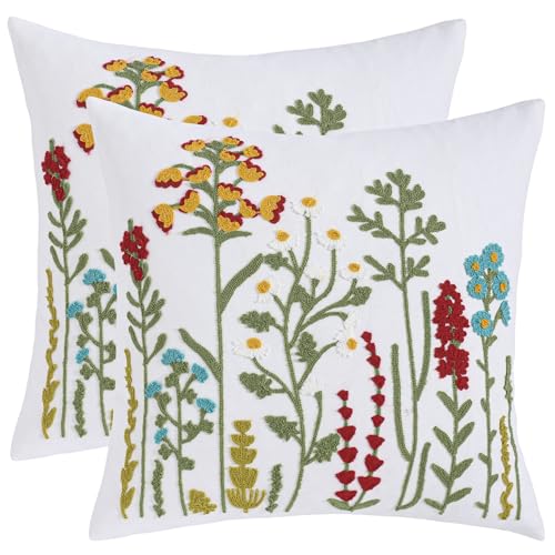 LUOYEHK Embroidered Pillow Covers 18x18 Inch Set of 2 Decorative Throw Pillow Cover Tufted Floral Spring Summer Boho Cushion Pillowcase for Couch Sofa Bed Living Room, Colorful Flowers - color: Colorful Flowers
