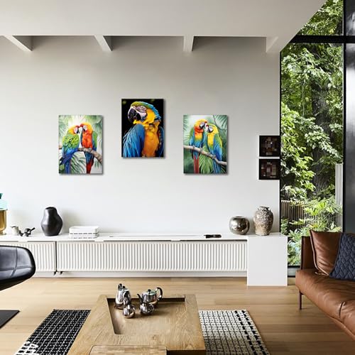 GLOKAKA Set of 3 Parrot Wall Art Colorful Parrot on Branch with Tropical Leaves Painting Pictures Wall Decor Colorful Birds Artwork for Living Room Bedroom Bathroom Decor - color: Parrot Artwork-01, size: 16"L x 12"W