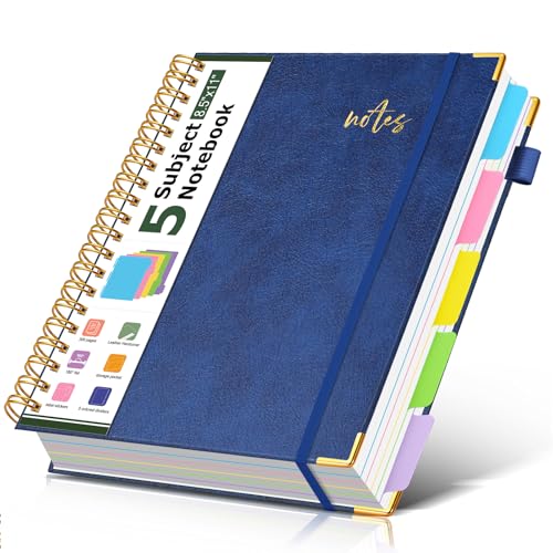 Hardcover Spiral Notebook Journal 8.5" x 11" Leather 5 Subject Notebook with Removable Dividers Tabs, 300 Pages Organizer Notebooks for Work School, College Ruled, Large Lined Journal for Women,Navy - color: Navy, size: A4