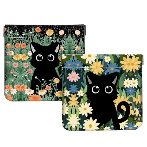 2Pcs PU Leather Small Squeeze Coin Purse Pouch Mini coin Bag Unique And Cute Wallet Cosmetic Bags Change Bag For Women Girls Men （Flowers and Black Cats - color: Flowers and Black Cats