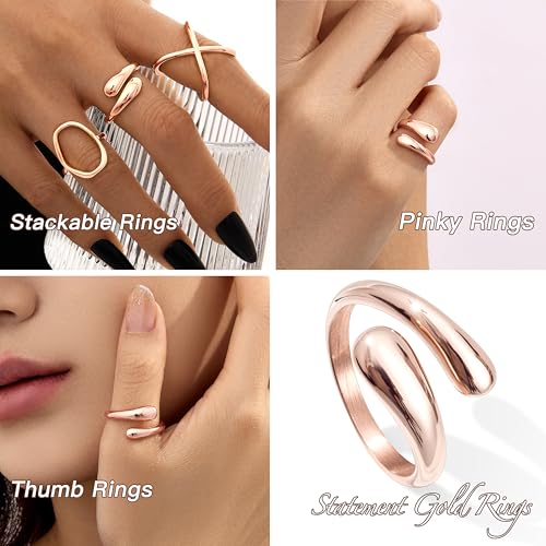 Non Tarnish Gold Chunky Rings for Women, 14K Gold Plated Statement Dome Rings Stacking Silver, Adjustable Mens Eternity Wedding Band Mixed Metal Jewelry Size 3-15 Half Size - color: RoseGold