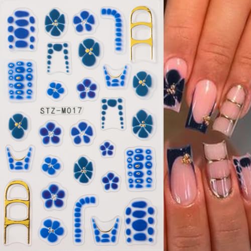 Flower Nail Art Stickers Decals French Tip Flower Nail Decals 4PCS Brown Wine Red Blue Flowers Petals Golden Circle Polka Dot Design Nails Adhesive Stickers for Women Fall Winter Nail Art Decorations - style: style8