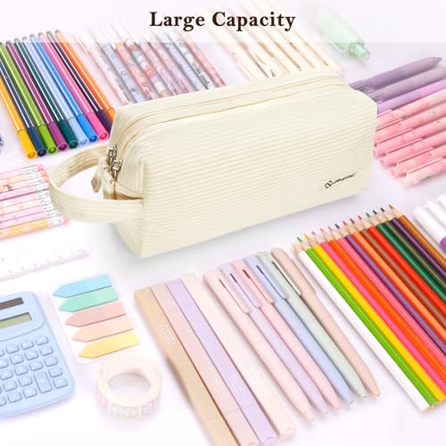 FINPAC Pencil Case, Corduroy Makeup Bag for Women, Kawaii Pen Pouch Holder, Large Storage Box Organizer for Study, Office, or Travel (Beige) - color: Beige
