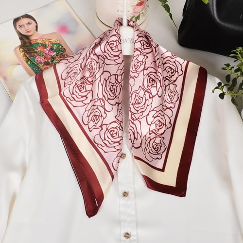 Women 100% Mulberry Silk Neck Scarf 21" Square Floral Neckerchief - color: Red Rose