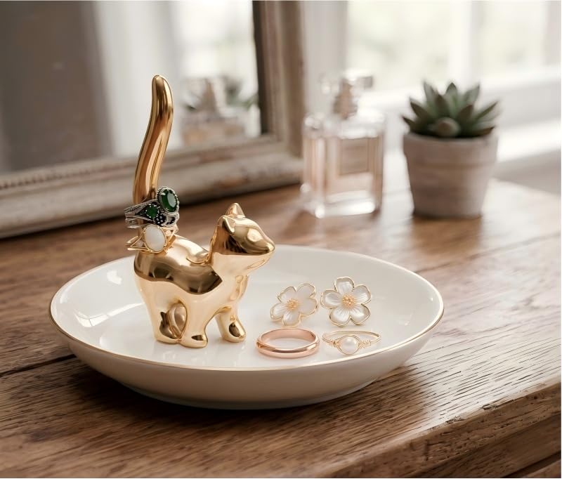 ROSA&ROSE Cat Ring Holder Jewelry Dish for Mom,Ceramic Ring Dish Trinket Tray for Jewelry, Mothers Day Gift for Mom Wife Grandma Cute Vanity Organizer Dish - color: Yellow Gold