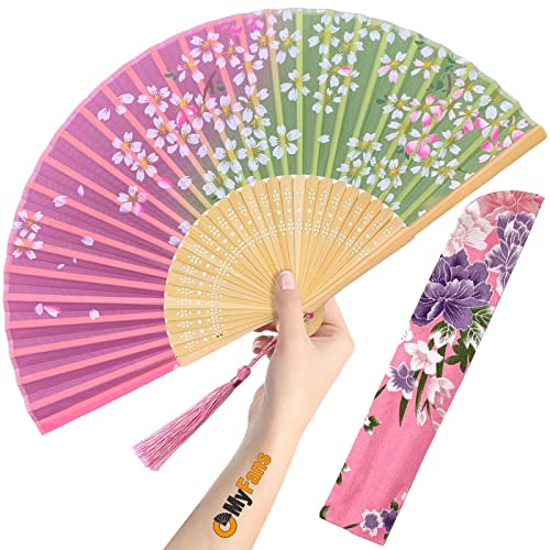 Hand Fan for Women Foldable - Folding Chinese Japanese Vintage Bamboo Silk Fan - Ideal for Hot Flashes, Church, EDM, Festivals, Dancing and Gifts (Sakura-Pink) - color: Sakura-pink