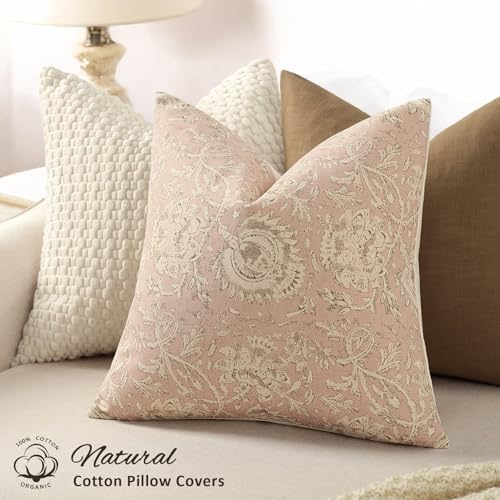 Vintage Floral Print Throw Pillow Covers 18x18 Set of 2 Neutral Modern Farmhouse Pillowcases Accent Decorative Cushion Covers Boho Home Decor for Couch Sofa Chair Bed Living Room, Champagne Pink - color: Champagne Pink, size: 18" x 18" (Pack of 2)