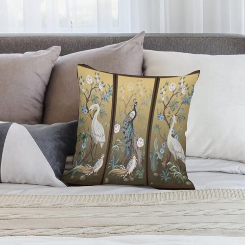 Peacock Peony Crane Pillow Covers,Vintage Asian Chinese Style Japanese Throw Pillow Covers for Home Couch Sofa Bed Decor 16x16in - color: Orange-white, size: 16" x 16" (Pack of 2)