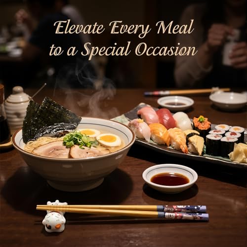 5-Pair Bamboo Chopsticks Set with 5 Ceramic Lucky Cat Rests, Gift Set