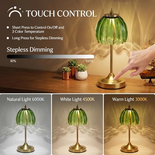 EJQ Glass Tulip Rechargeable Table Lamp, Cordless Flower Table Light -Green - color: Green