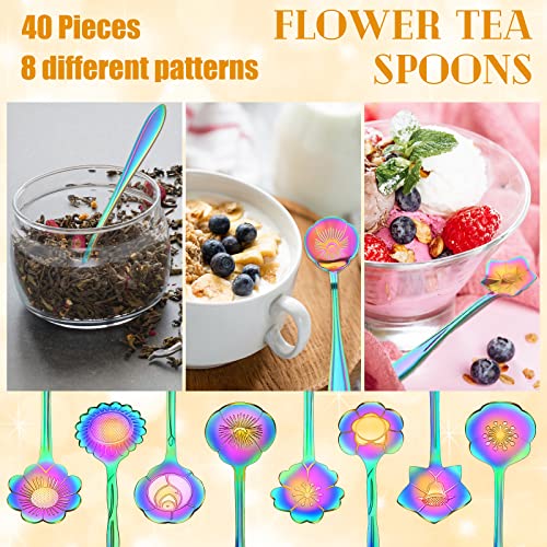 Eboot 40 Pcs Rainbow Flower Tea Spoons Set Stainless Steel Coffee Spoons - color: Rainbow